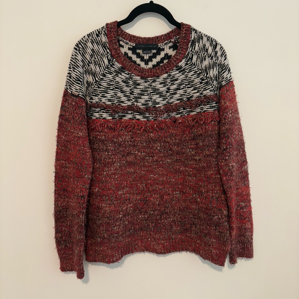 Sanctuary Red and Black Fair Isle Boho Fringe Sweater